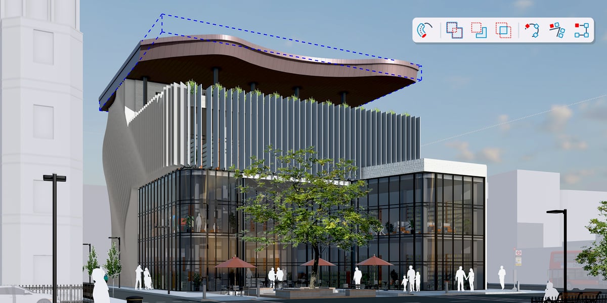 Library building modelled in SketchUp 2027 with a procedural bounding box selected and the Procedures toolbar open