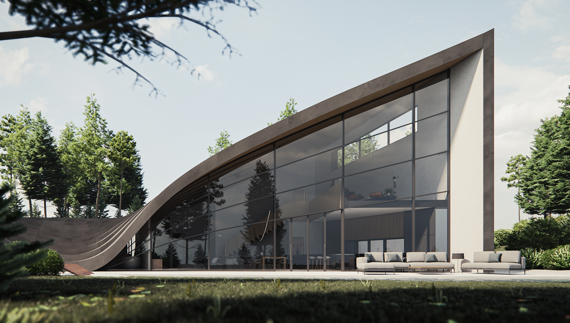 Photoreal architectural visualisation of a modern house with a curved glass facade