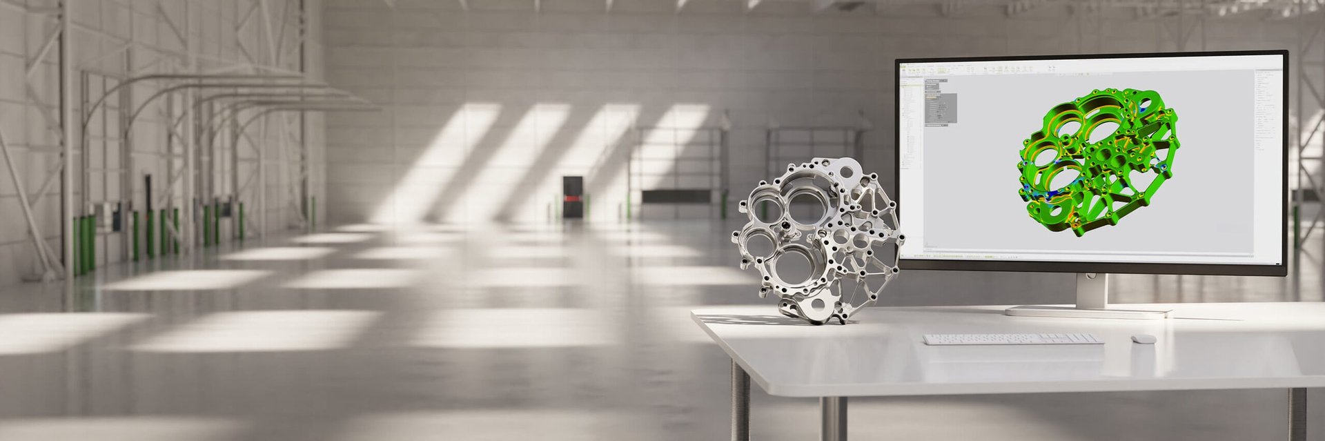 Aluminium casting beside a monitor showing a Geomagic Control X deviation map