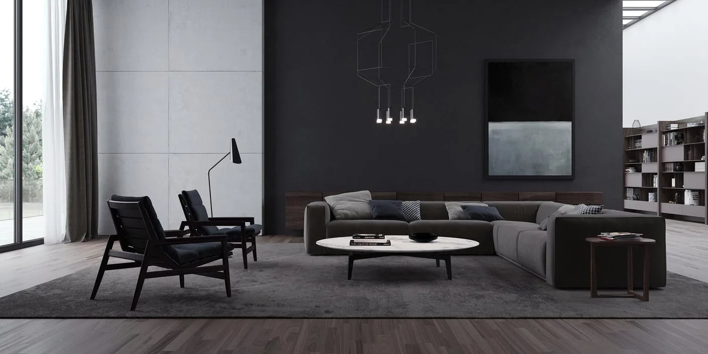 Contemporary living room render with a charcoal feature wall, grey sofa and tall windows
