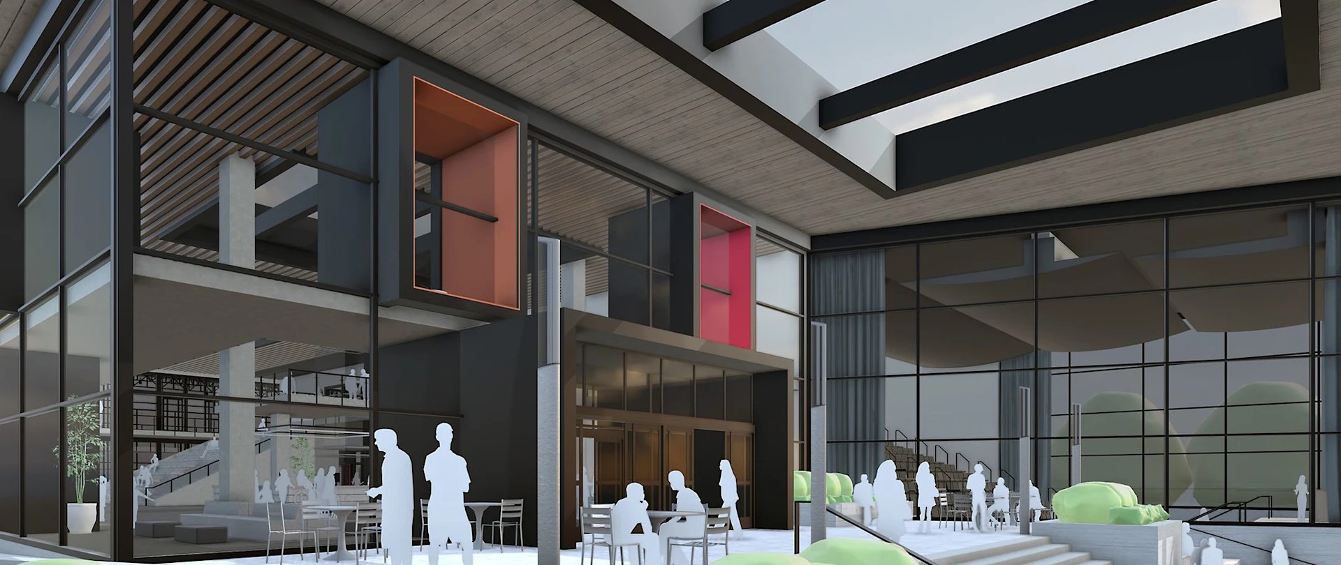 Campus atrium modelled in SketchUp with placeholder figures