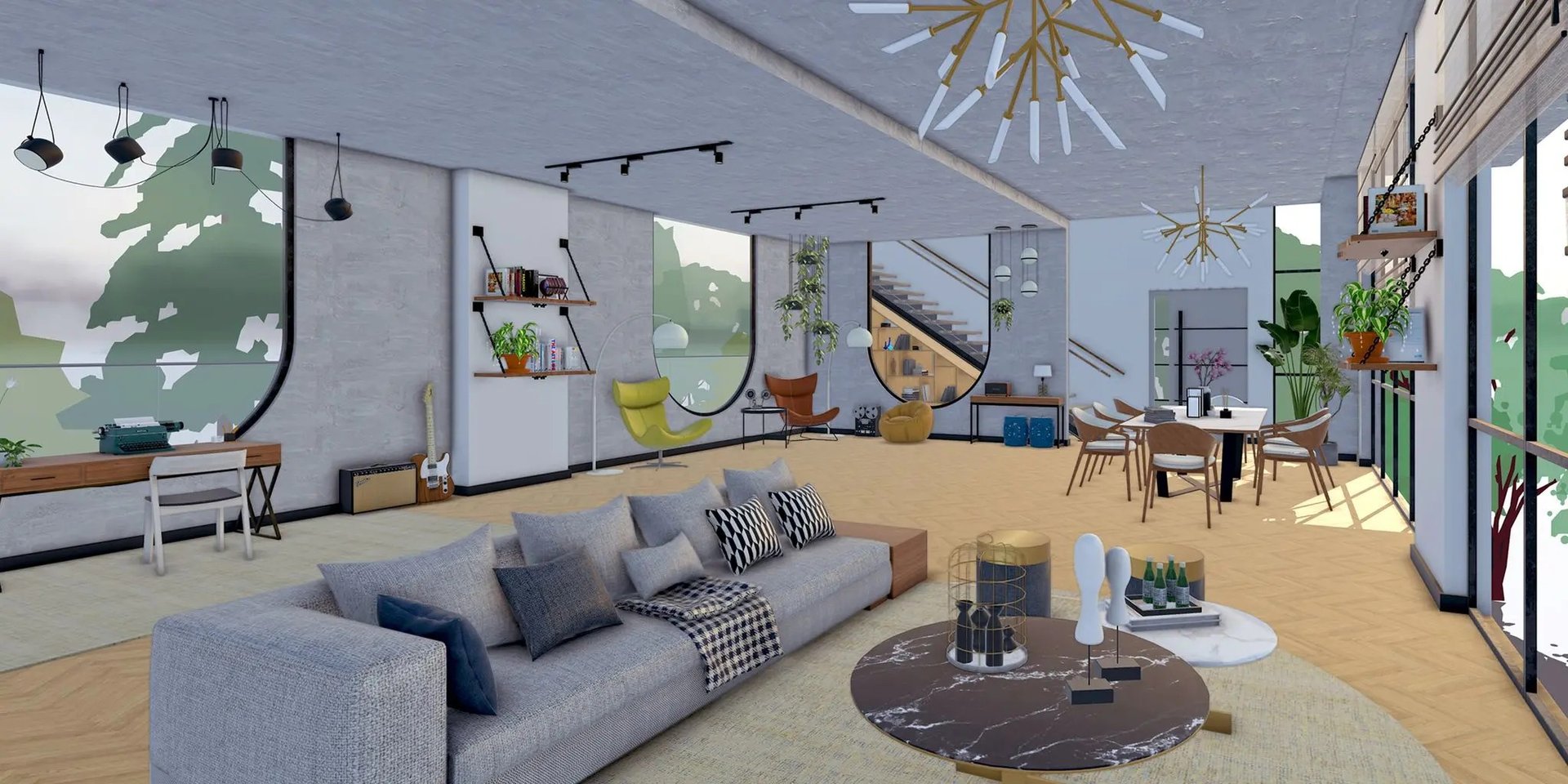 Detailed open-plan interior model created in SketchUp