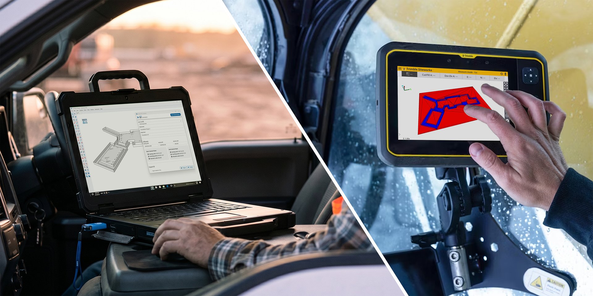 A rugged laptop in a work truck running Trimble Site Contractor beside a Trimble Siteworks tablet showing the same excavation design