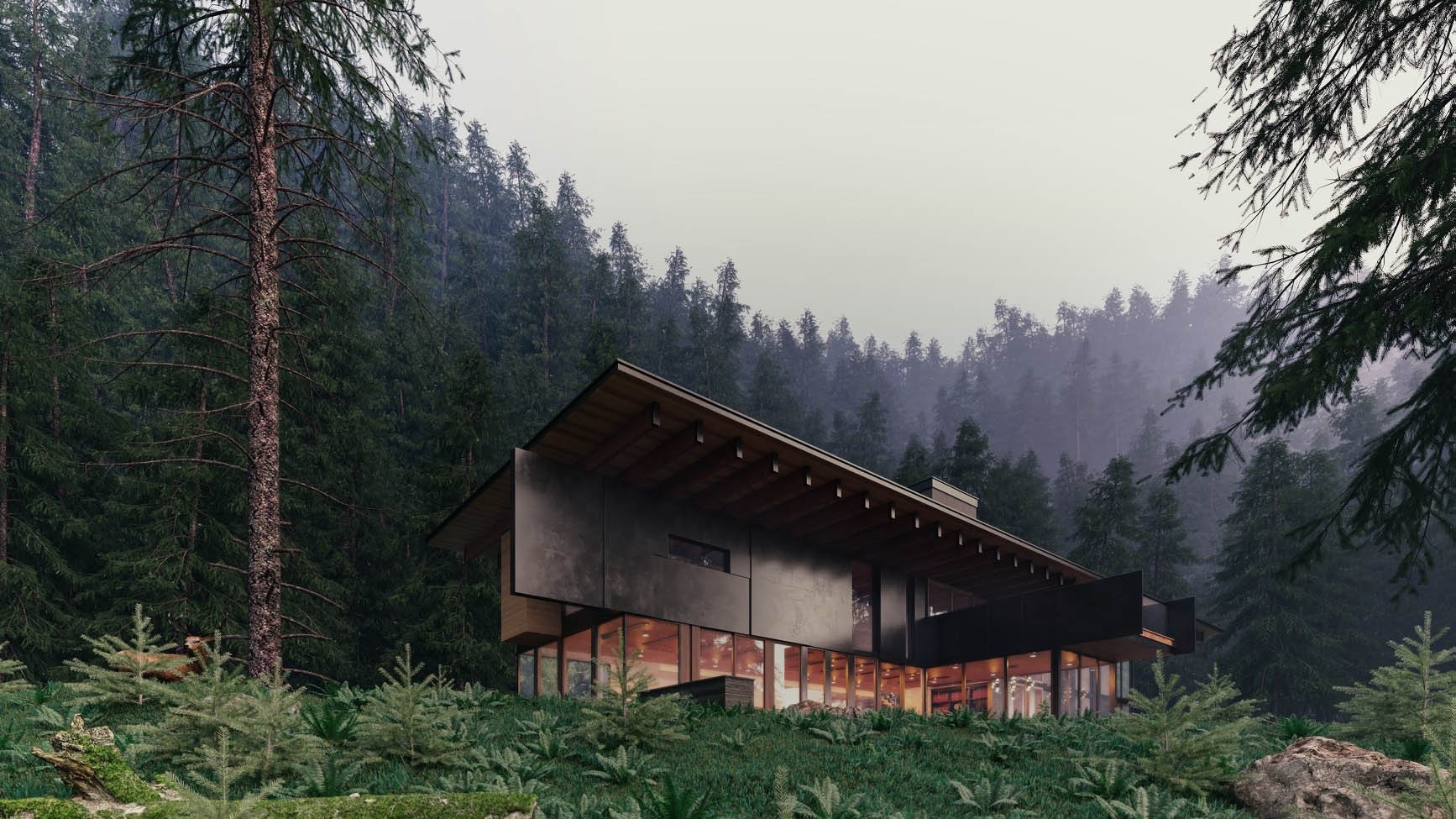 Forest lodge landscape rendered with vegetation scattered by Skatter 2