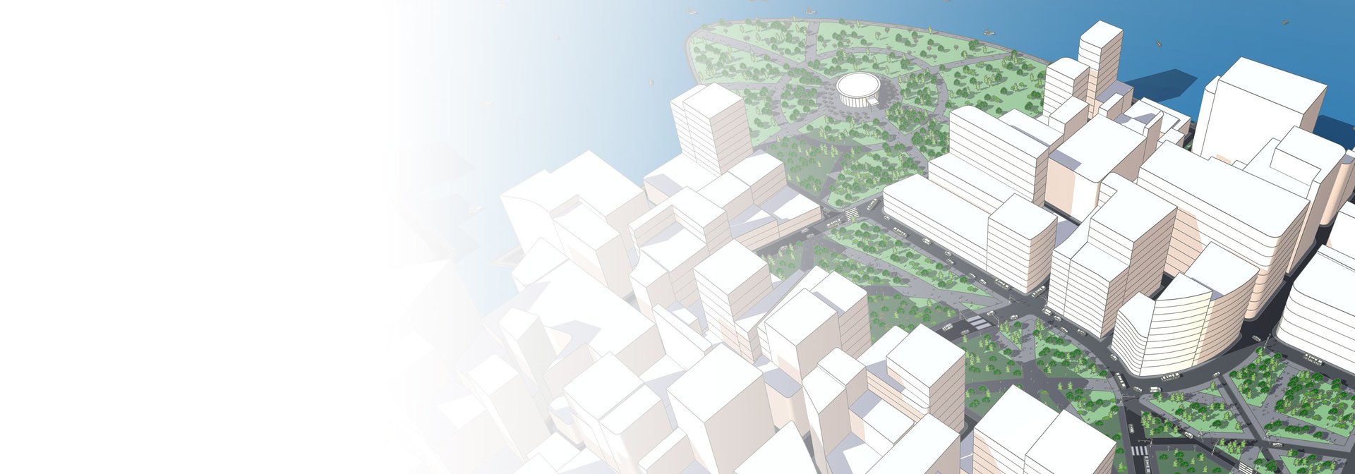 SketchUp urban planning model of a waterfront precinct and park