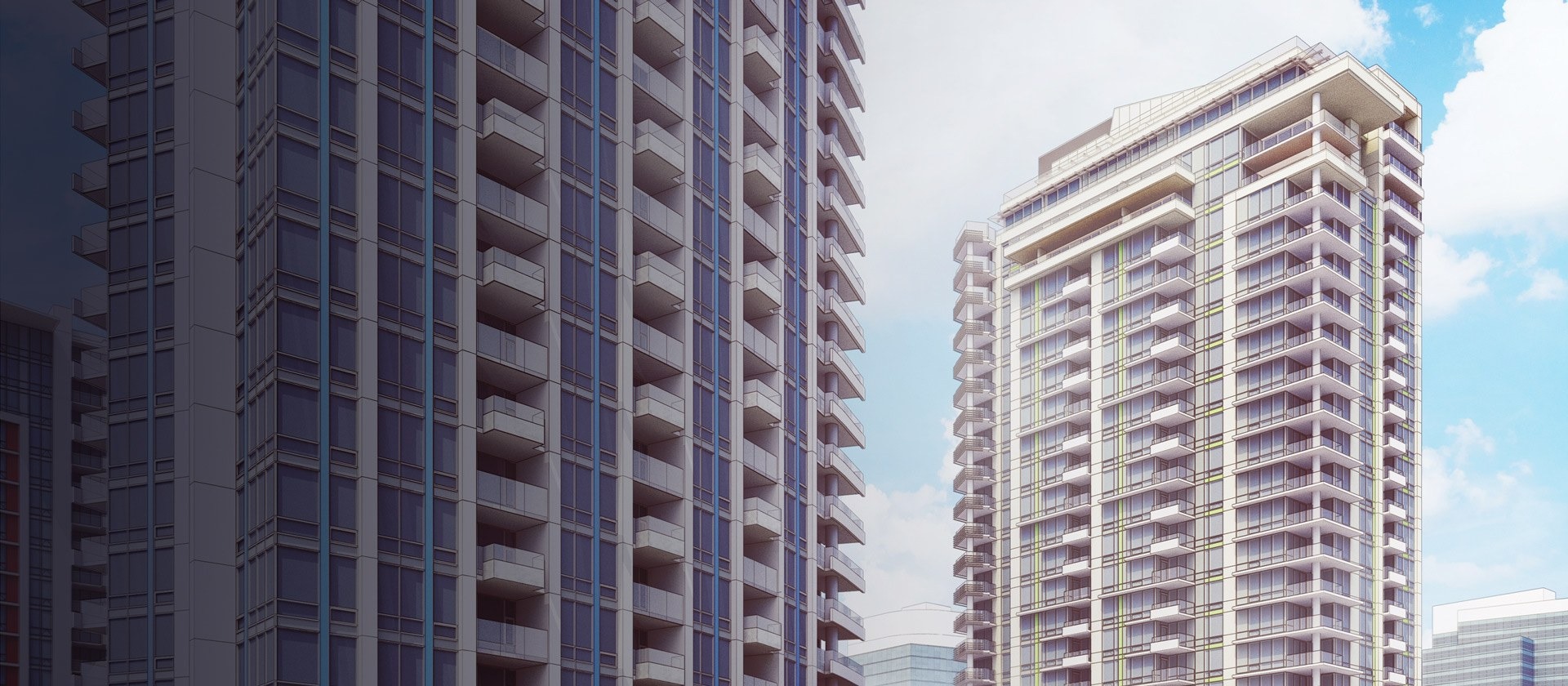 Rendered city towers transitioning into a SketchUp architectural model