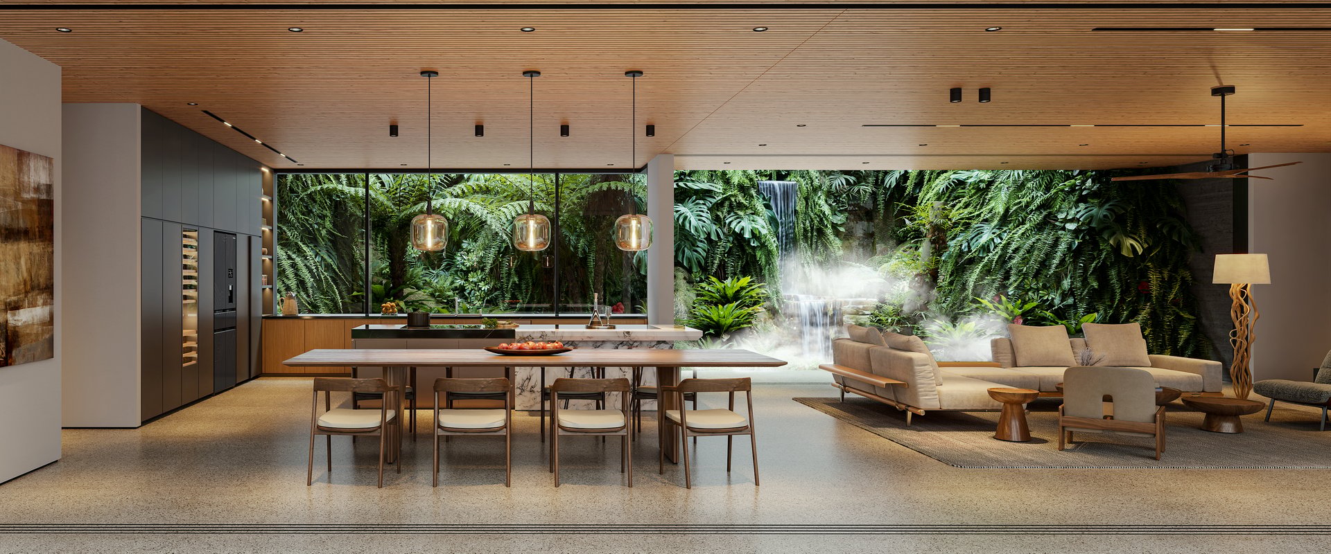 Forest in the House panoramic interior with greenery and a waterfall, rendered in V-Ray for SketchUp by Tien Vu