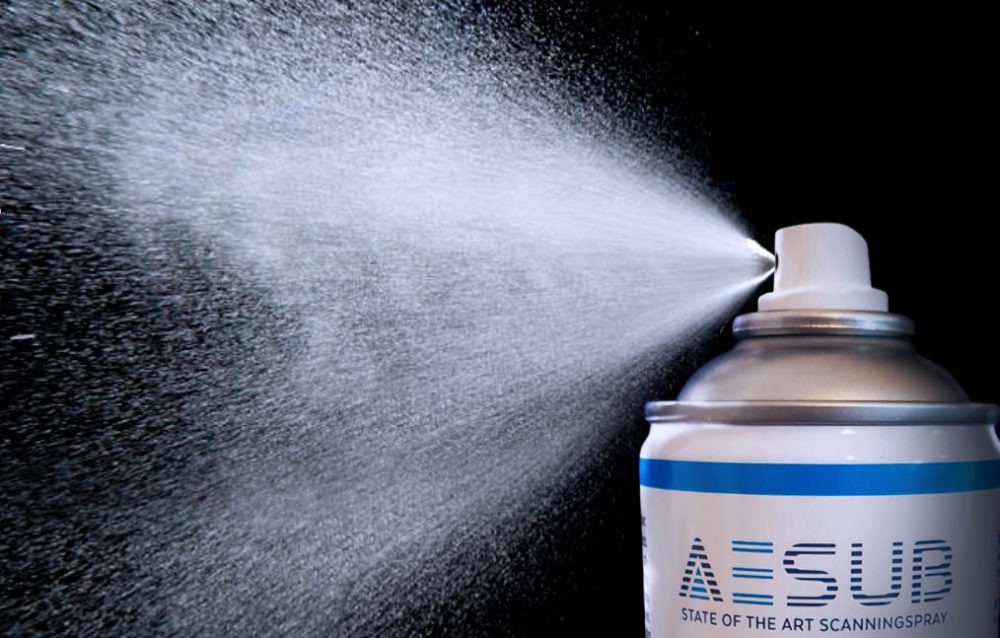 AESUB Blue 3D scanning spray coating a precision component