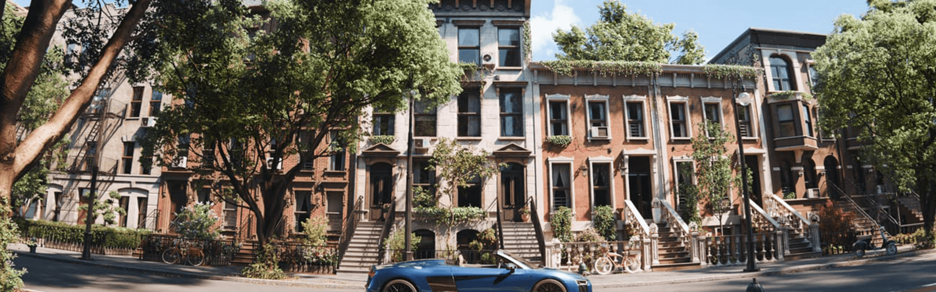 Audi in a West Village street scene rendered with Chaos Corona