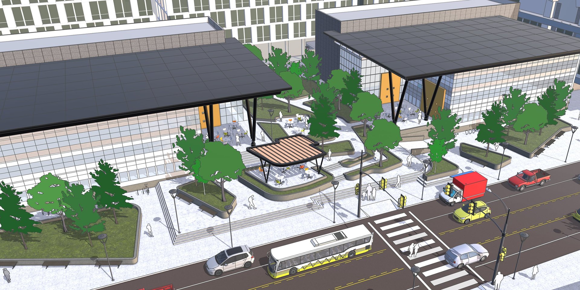 SketchUp landscape design for a tree-lined civic plaza