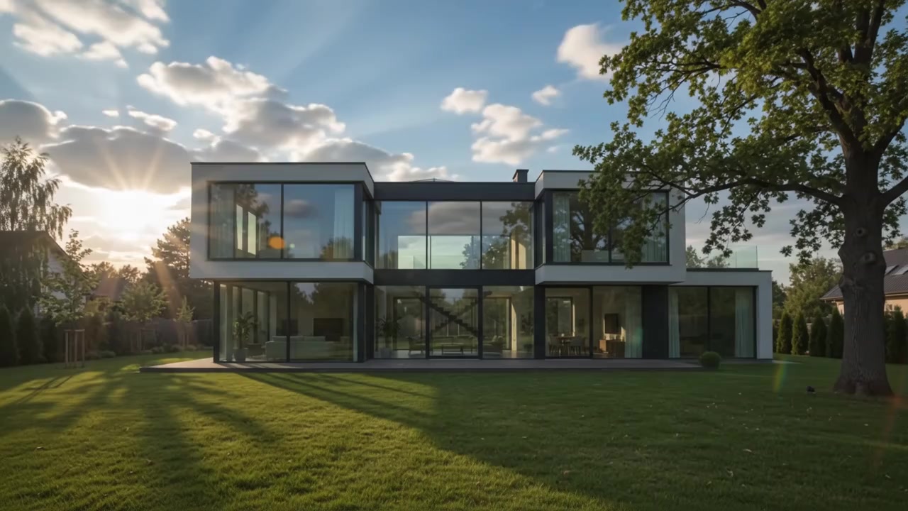 Modern house exterior edited from day to night with Gemini Omni in Veras, with the original camera move kept
