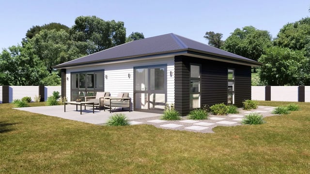 Garden studio render with outdoor seating, glazed doors and a landscaped patio
