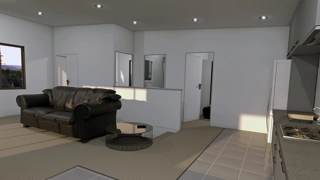 Open-plan interior render with a black sofa, kitchen and sunlight across the living area