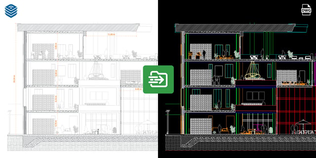 Vector section drawing of a multi-storey building in LayOut beside the same drawing exported to DWG