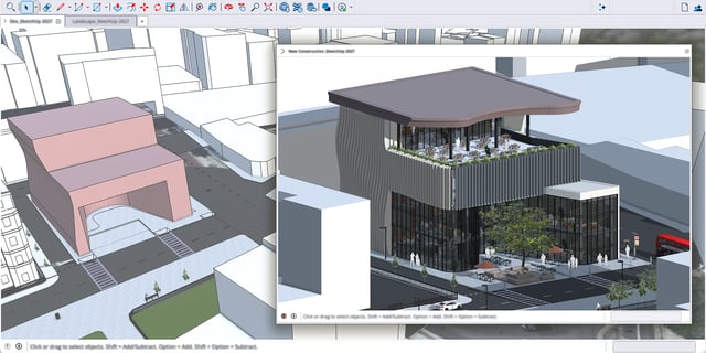Two SketchUp 2027 models, a site massing model and a library building, docked in one window