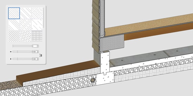 Wall and foundation section detail with insulation, concrete and gravel hatch fills beside the hatch pattern picker