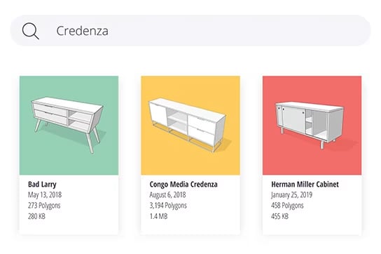 3D Warehouse search results showing furniture components