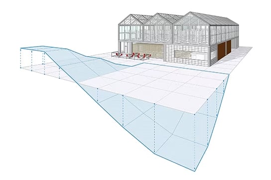 A wireframe glasshouse model built with SketchUp extensions