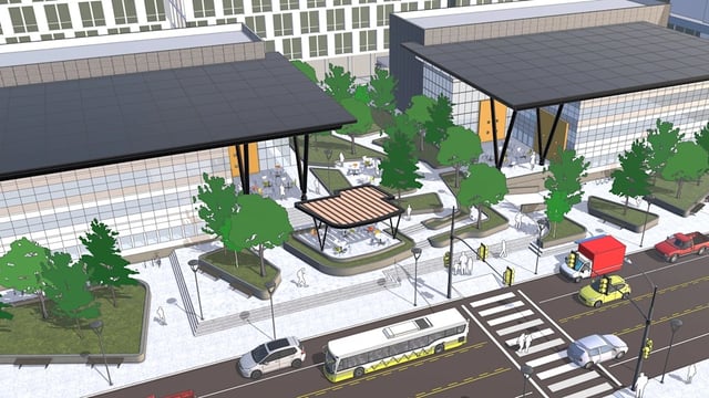SketchUp landscape design for a tree-lined civic plaza