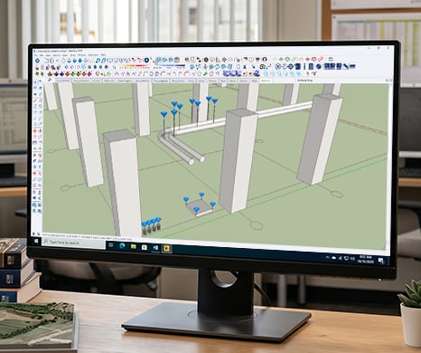 Blue field point markers on columns and pipework in a SketchUp model on a desktop monitor