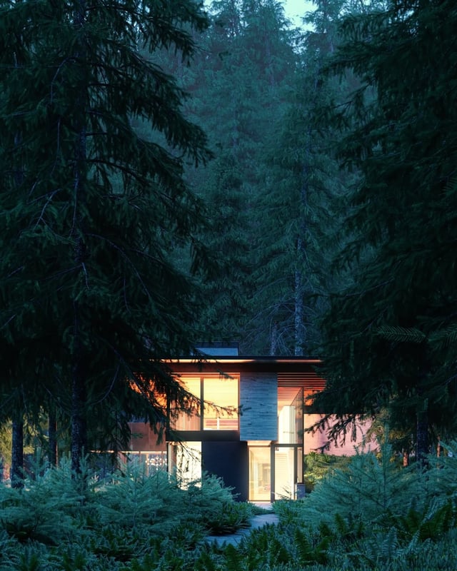 Forest house at dusk render by Tô Tiến Vũ made with Skatter