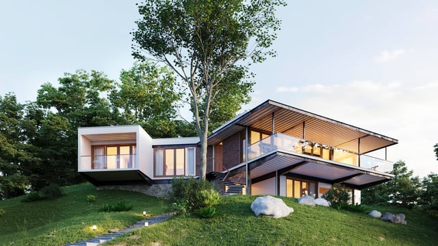 Hillside house landscape render by Darchviz made with Skatter