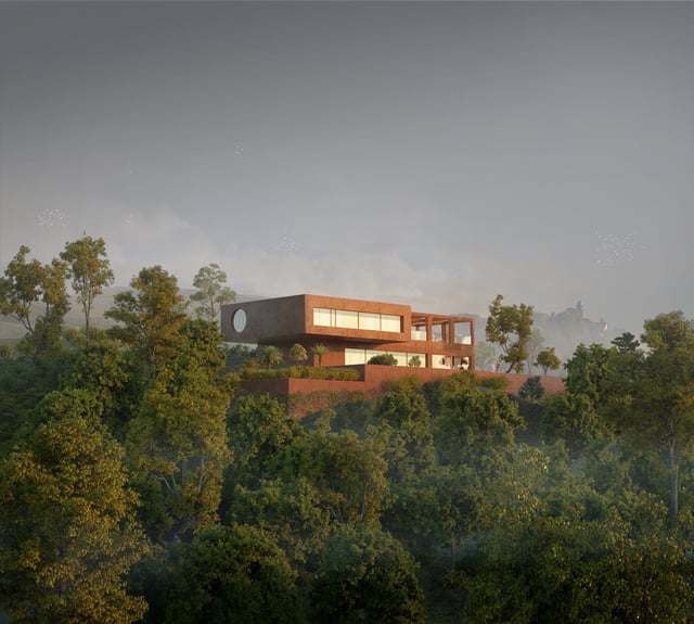 Modern hillside house render by Tom Burkewitz made with Skatter