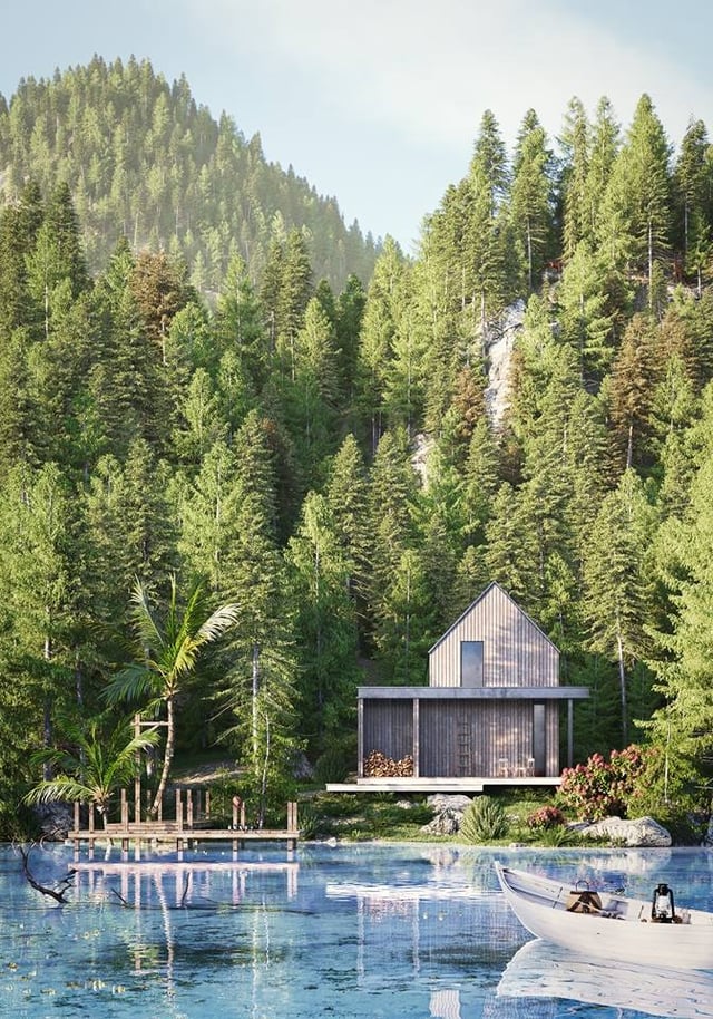 Lakeside cabin landscape render by Darchviz made with Skatter