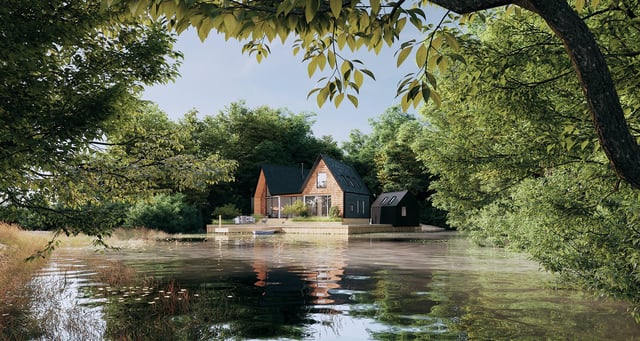 Lakeside house landscape render by Darchviz made with Skatter