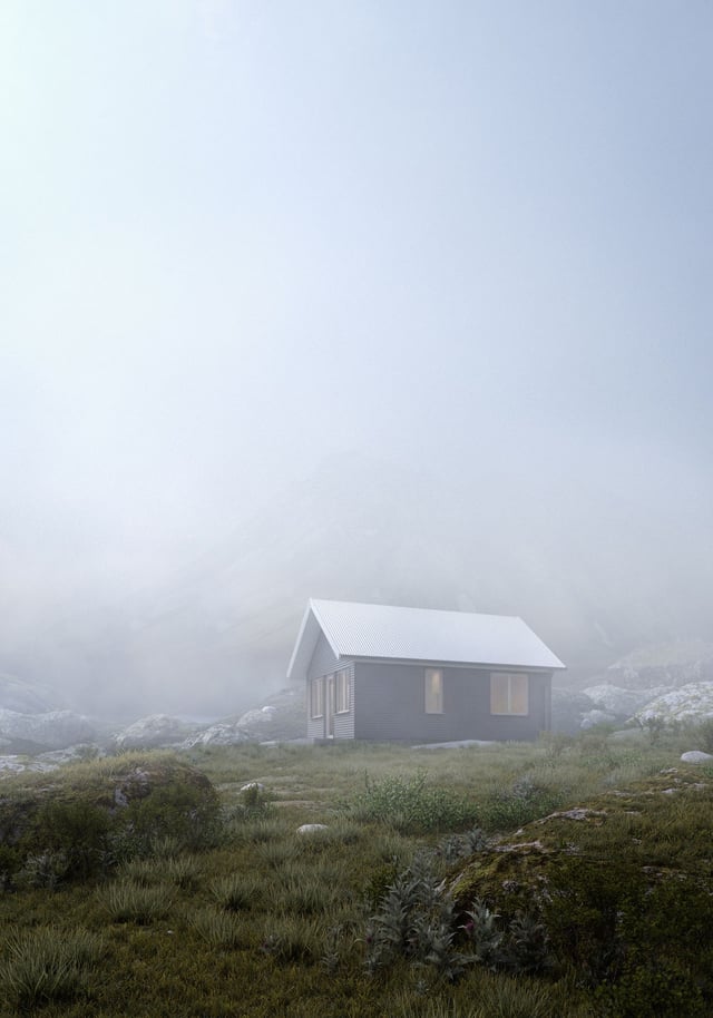 Cabin in a misty landscape render by Tomasz Zalewski made with Skatter