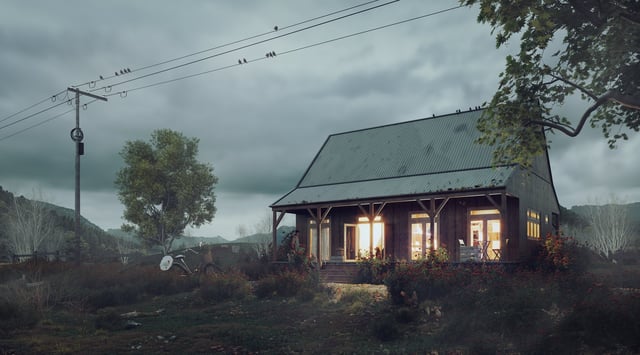 Rural farmhouse at dusk render by Le Phu Quoc made with Skatter