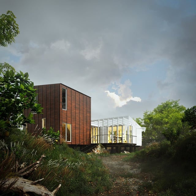 Timber and glass garden house render by Darchviz made with Skatter