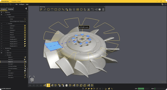 A constrained sketch being created from scan profiles in Peel.CAD Pro