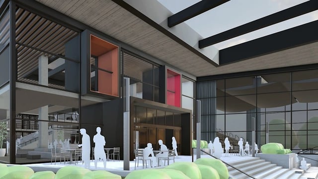 SketchUp architectural model of a modern glazed building and courtyard
