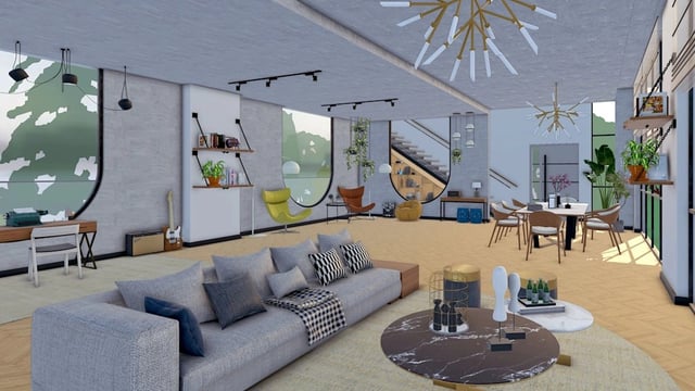 SketchUp interior design model of a furnished open-plan living space