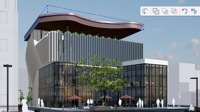 Library building modelled in SketchUp 2027 with a procedural bounding box selected and the Procedures toolbar open