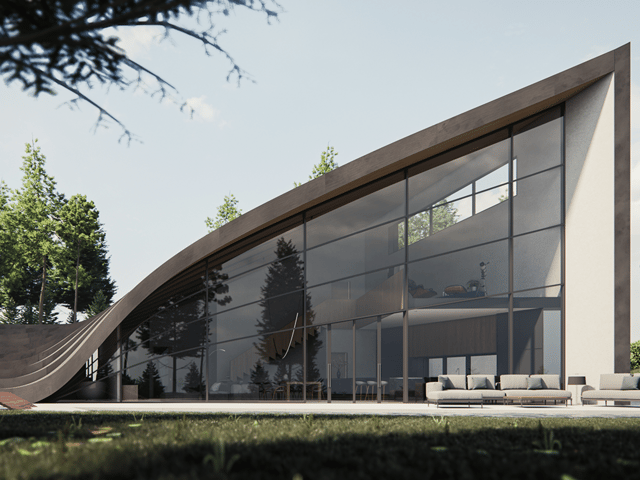 Photoreal architectural visualisation of a modern house with a curved glass facade