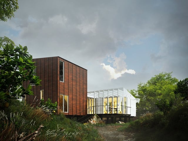 Timber and glass garden house render by Darchviz made with Skatter