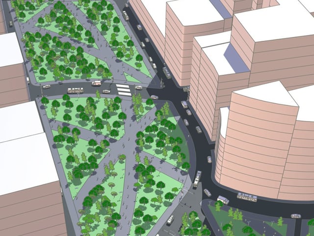 SketchUp masterplan of an urban park and surrounding development