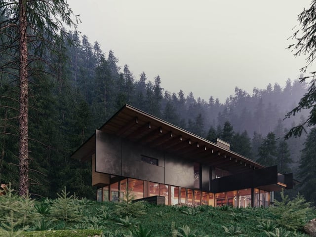 Forest lodge landscape rendered with vegetation scattered by Skatter 2