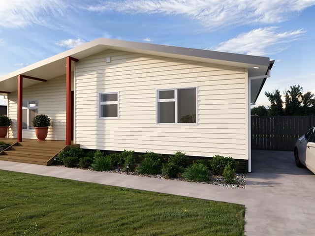 Rendered single-storey home with weatherboard cladding, a timber deck and landscaped front garden
