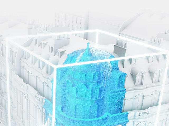 Blue building point cloud within a white architectural model, shown by Undet for AutoCAD