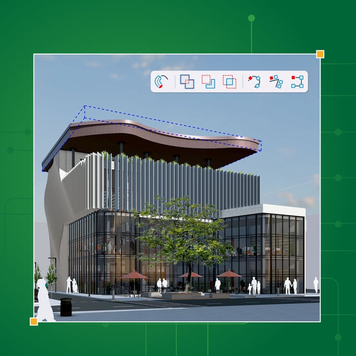 SketchUp 2027 procedural model on a green background, with the Procedures toolbar beside it