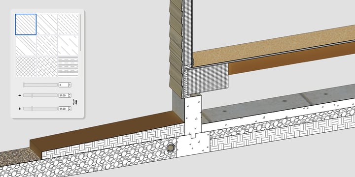 Wall section detail in SketchUp 2027 with hatch fills and the hatch pattern picker