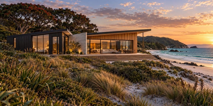 Contemporary New Zealand beachfront home with cedar cladding and full-height glazing at golden hour