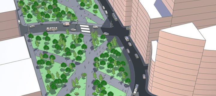 SketchUp masterplan of an urban park and surrounding development
