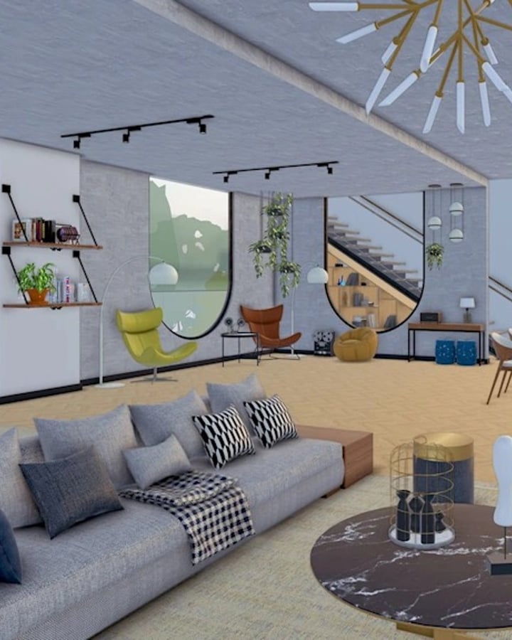Open-plan living and dining interior modelled in SketchUp
