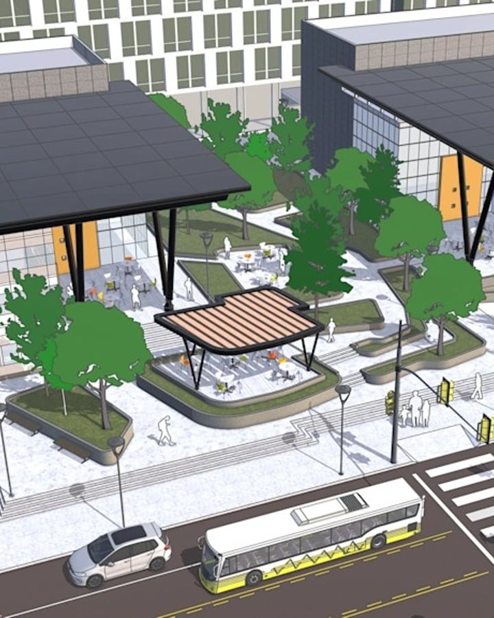 SketchUp landscape design for a tree-lined civic plaza
