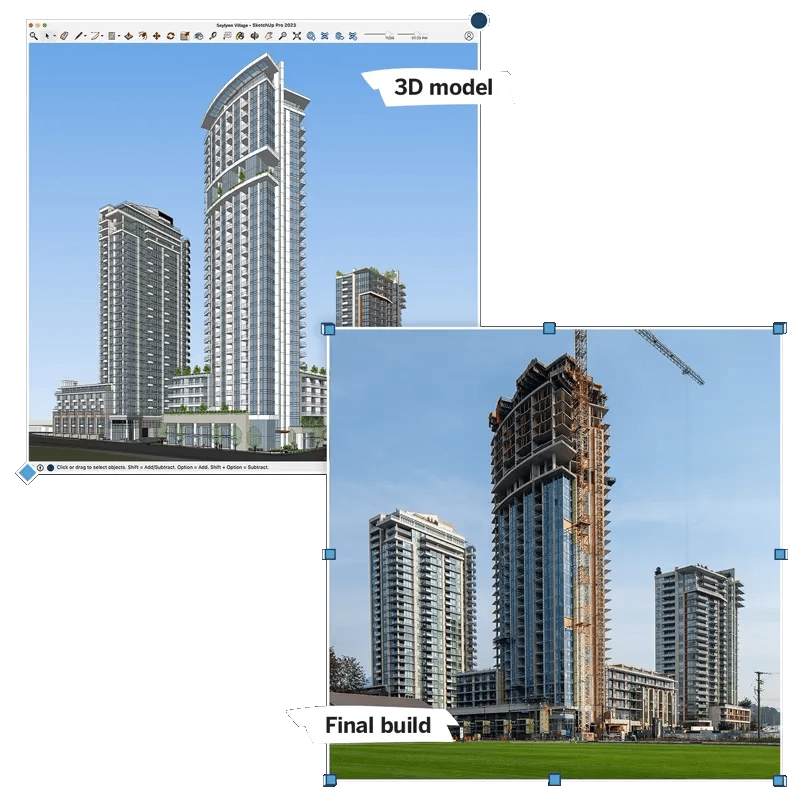 A SketchUp 3D model of apartment towers alongside the completed buildings