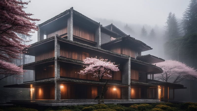 Photorealistic timber and concrete architecture among cherry blossoms in a misty forest, rendered with Veras AI